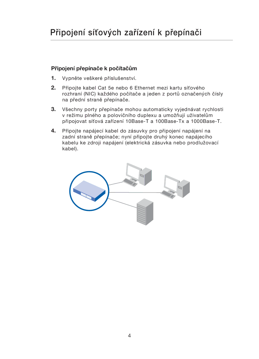 Belkin F5D5141uk16 user manual Připojení síťových zařízení k přepínači, Připojení přepínače k počítačům 