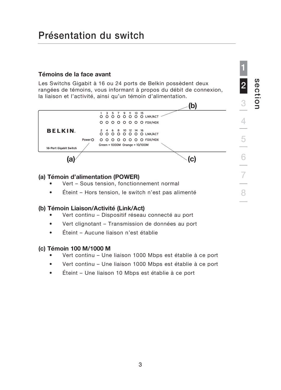 Belkin F5D5141uk16 user manual Témoins de la face avant, Témoin d’alimentation Power, Témoin Liaison/Activité Link/Act 