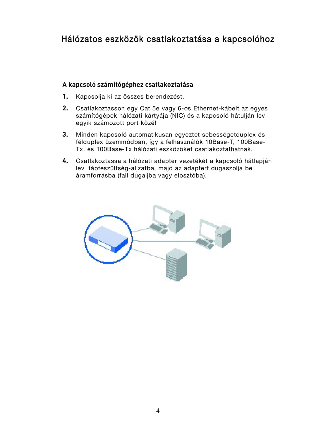 Belkin F5D5141uk16 user manual Hálózatos eszközök csatlakoztatása a kapcsolóhoz, Kapcsoló számítógéphez csatlakoztatása 