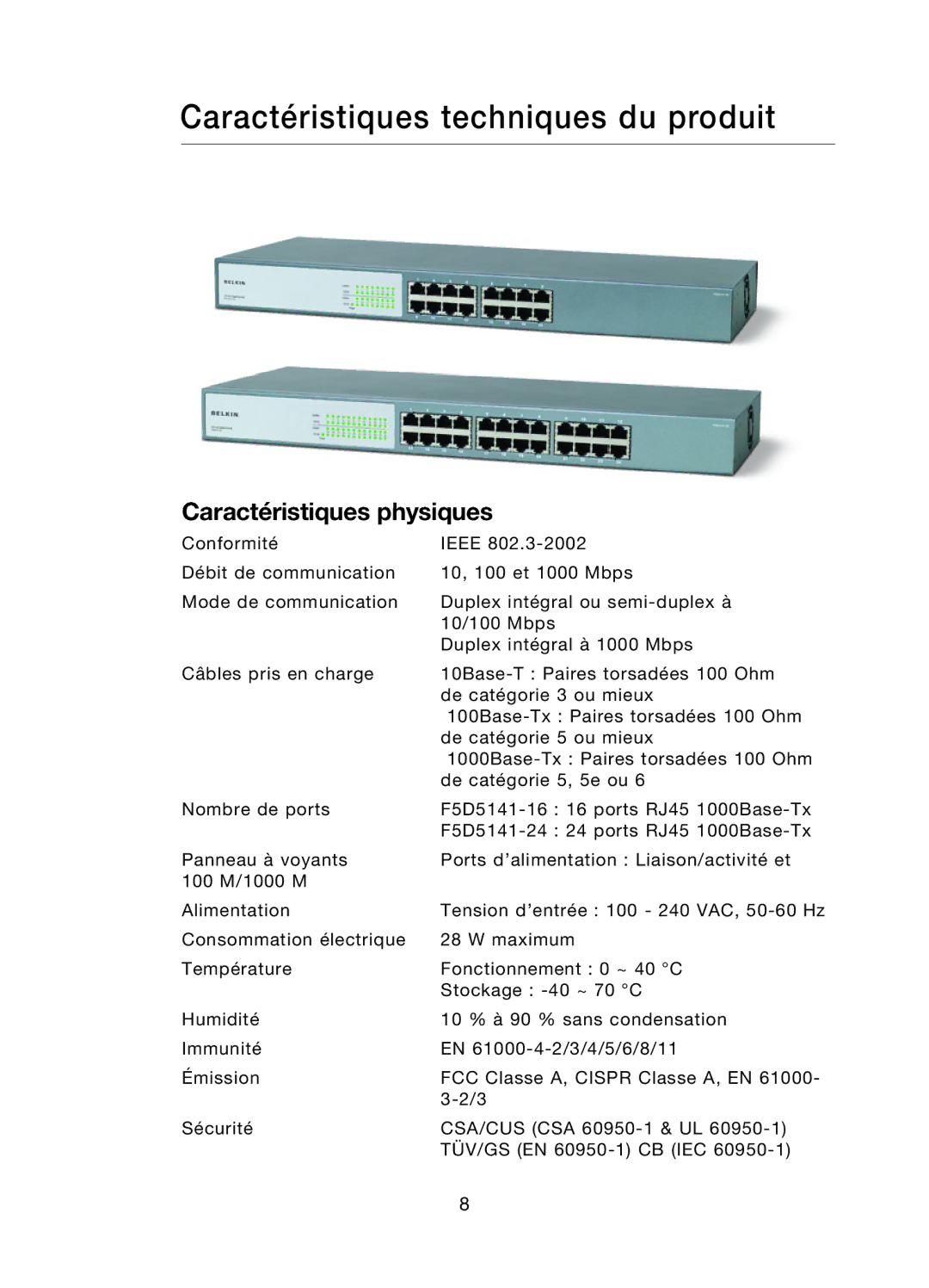 Belkin F5D5141uk16 user manual Caractéristiques techniques du produit 