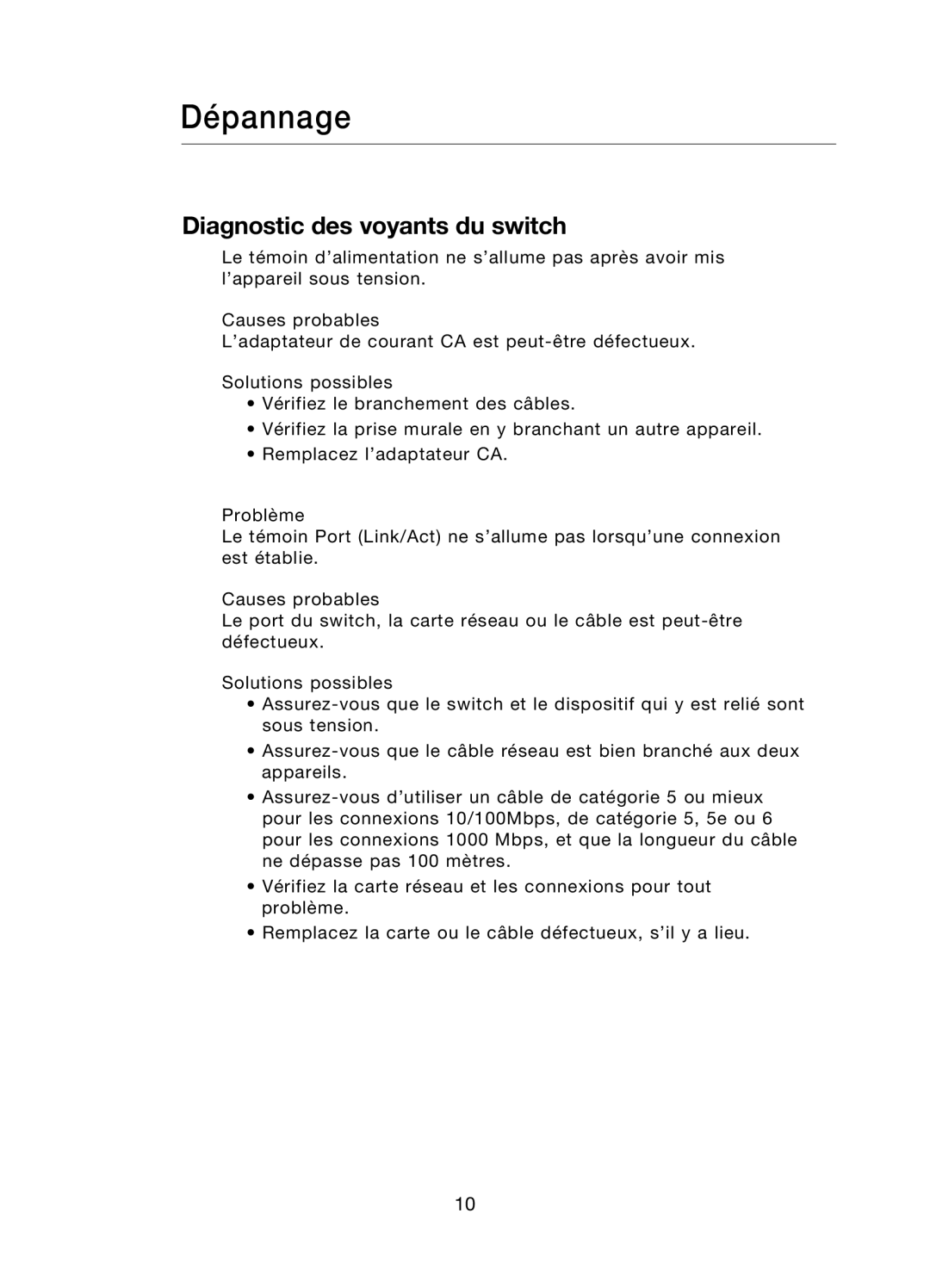 Belkin F5D5141uk16 user manual Dépannage, Diagnostic des voyants du switch 