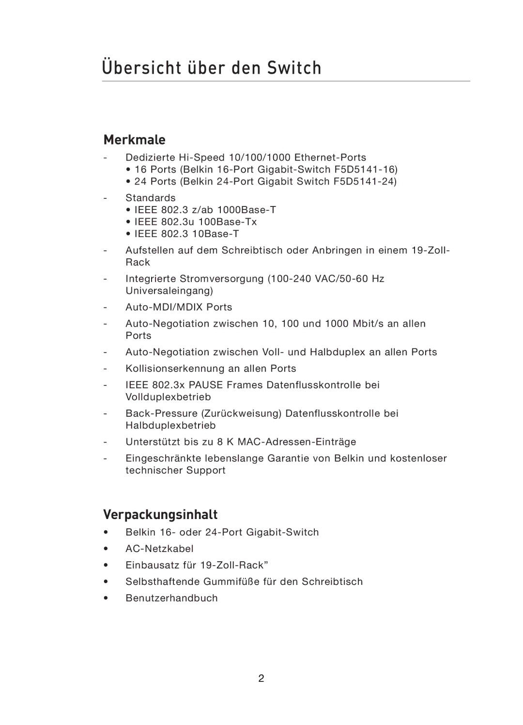 Belkin F5D5141uk16 user manual Übersicht über den Switch, Merkmale, Verpackungsinhalt 