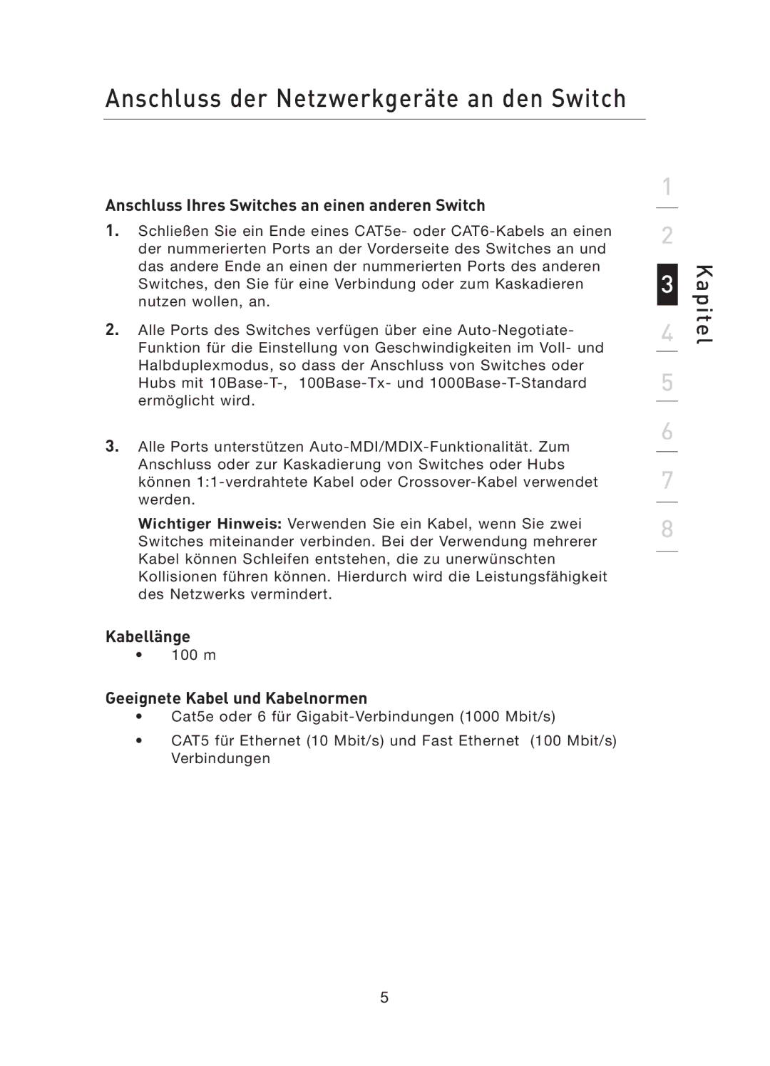 Belkin F5D5141uk16 Anschluss Ihres Switches an einen anderen Switch, Kabellänge, Geeignete Kabel und Kabelnormen 