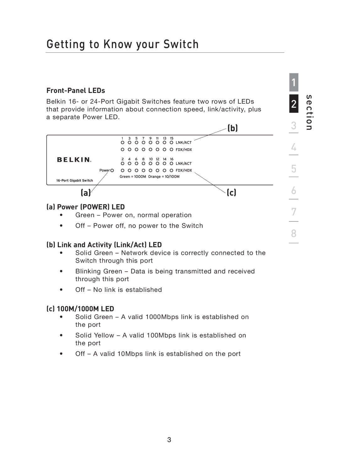 Belkin F5D5141uk16 user manual Front-Panel LEDs, Power Power LED, Link and Activity Link/Act LED, 100M/1000M LED 