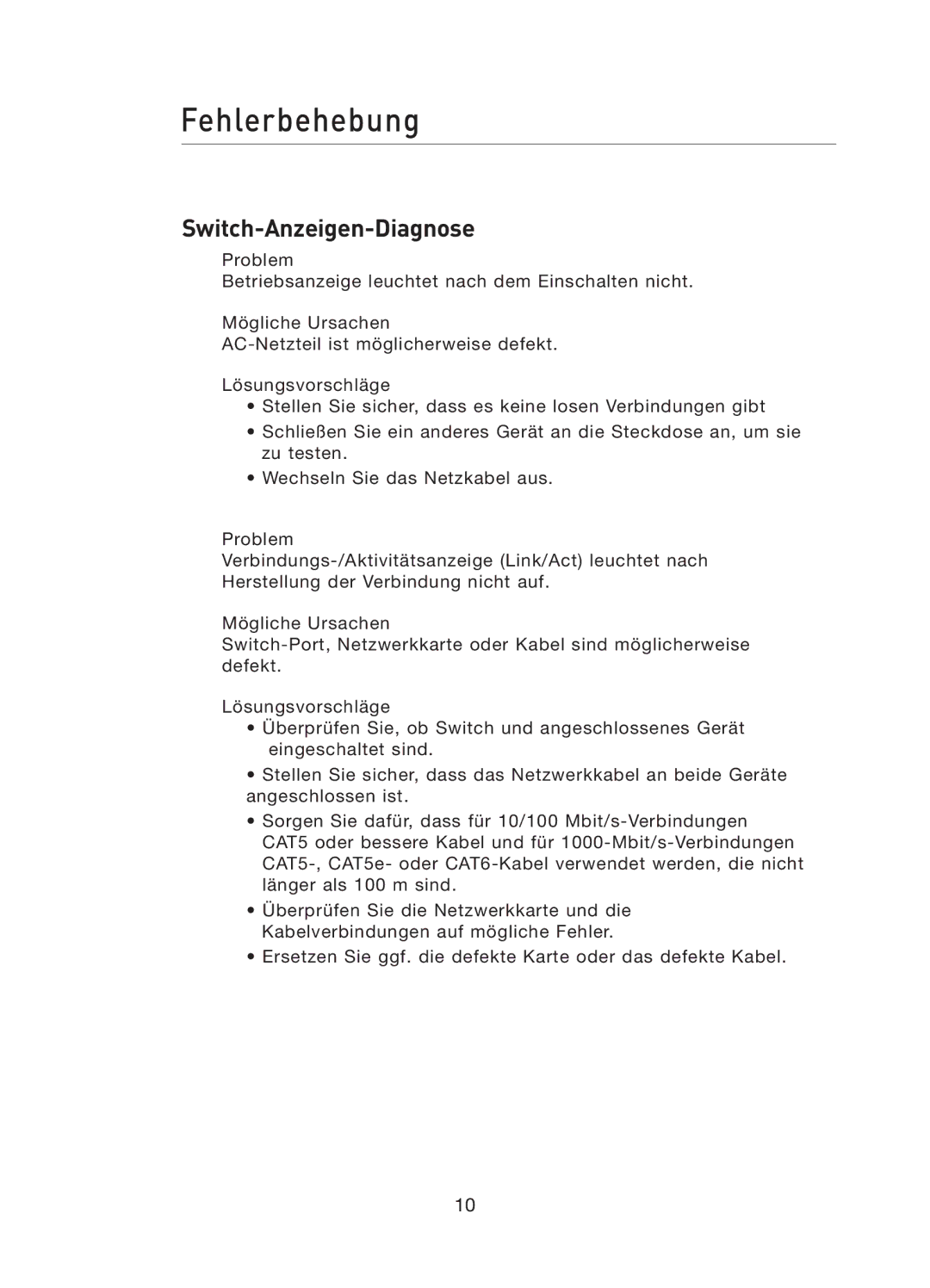 Belkin F5D5141uk16 user manual Fehlerbehebung, Switch-Anzeigen-Diagnose 