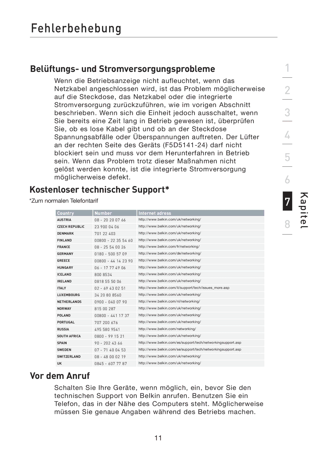 Belkin F5D5141uk16 user manual Belüftungs- und Stromversorgungsprobleme, Kostenloser technischer Support, Vor dem Anruf 