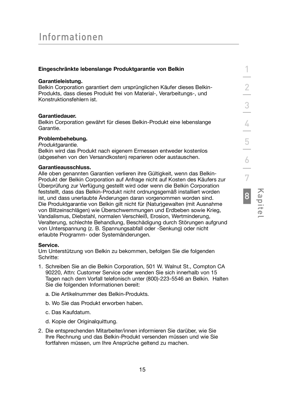 Belkin F5D5141uk16 user manual Garantiedauer, Problembehebung, Garantieausschluss, Service 