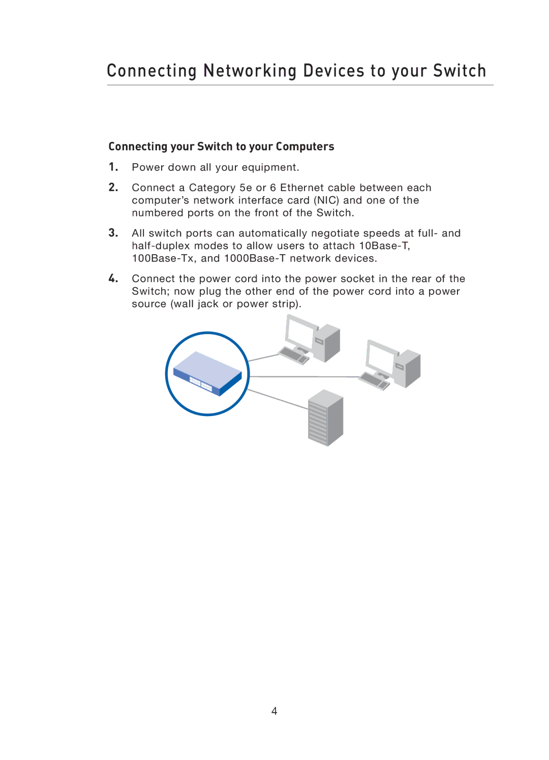 Belkin F5D5141uk16 user manual Connecting Networking Devices to your Switch, Connecting your Switch to your Computers 