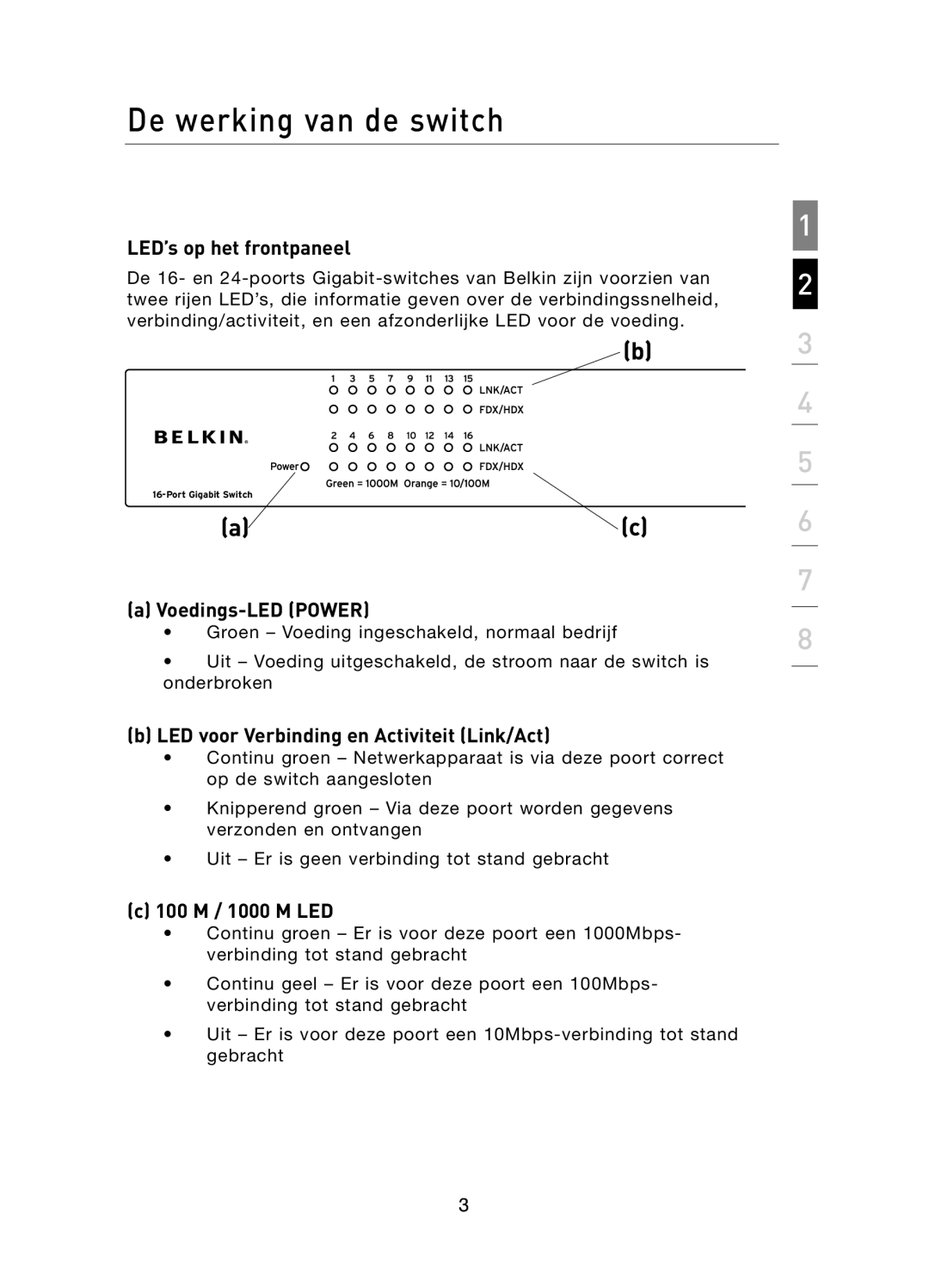 Belkin F5D5141uk16 user manual LED’s op het frontpaneel, Voedings-LED Power, LED voor Verbinding en Activiteit Link/Act 