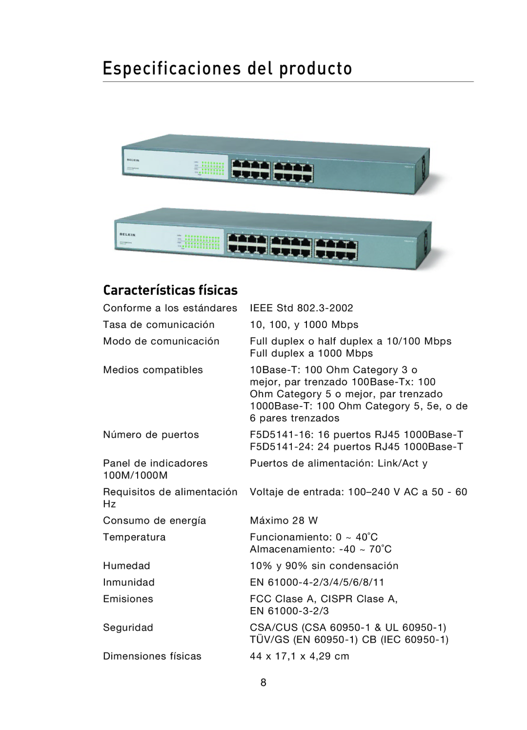 Belkin F5D5141uk16 user manual Especificaciones del producto 