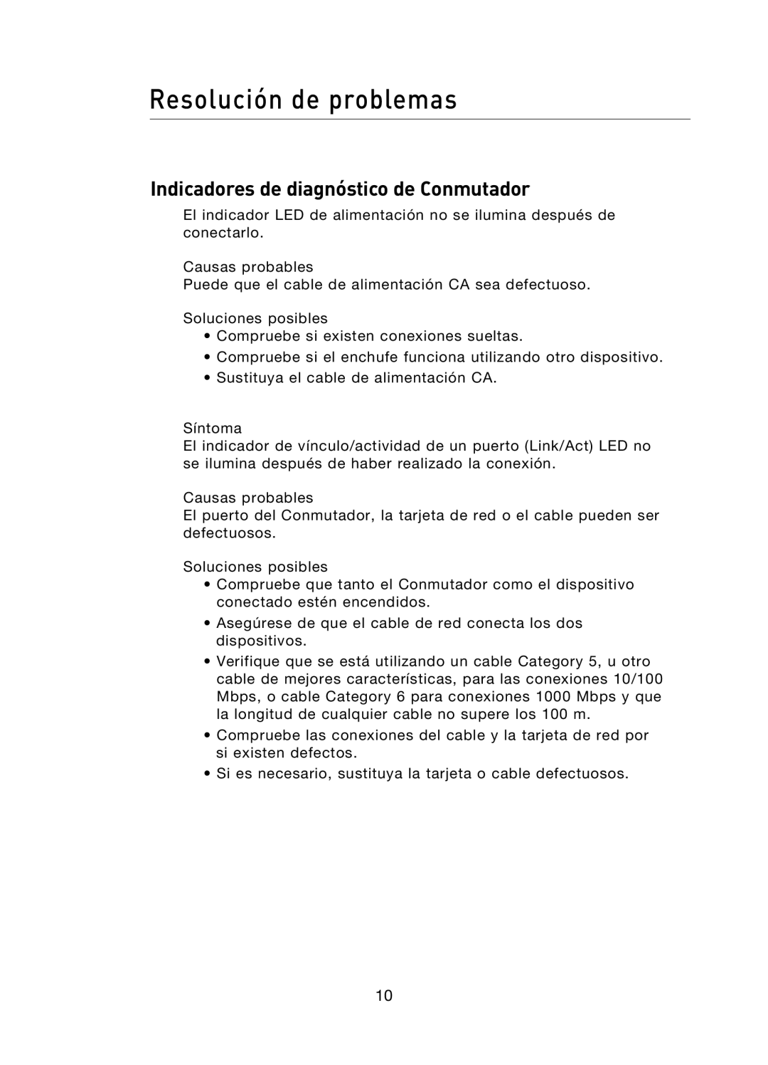 Belkin F5D5141uk16 user manual Resolución de problemas, Indicadores de diagnóstico de Conmutador 