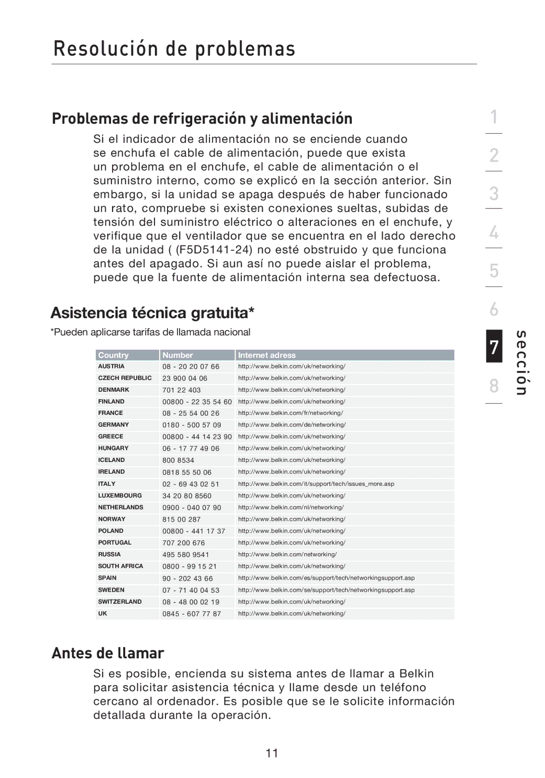 Belkin F5D5141uk16 user manual Problemas de refrigeración y alimentación, Asistencia técnica gratuita, Antes de llamar 