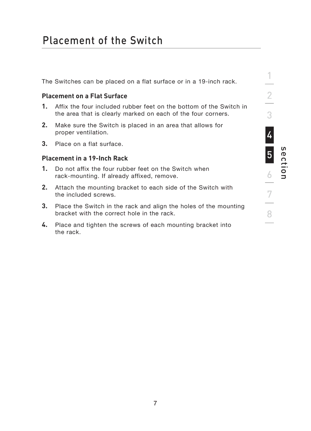 Belkin F5D5141uk16 user manual Placement of the Switch, Placement on a Flat Surface, Placement in a 19-Inch Rack 