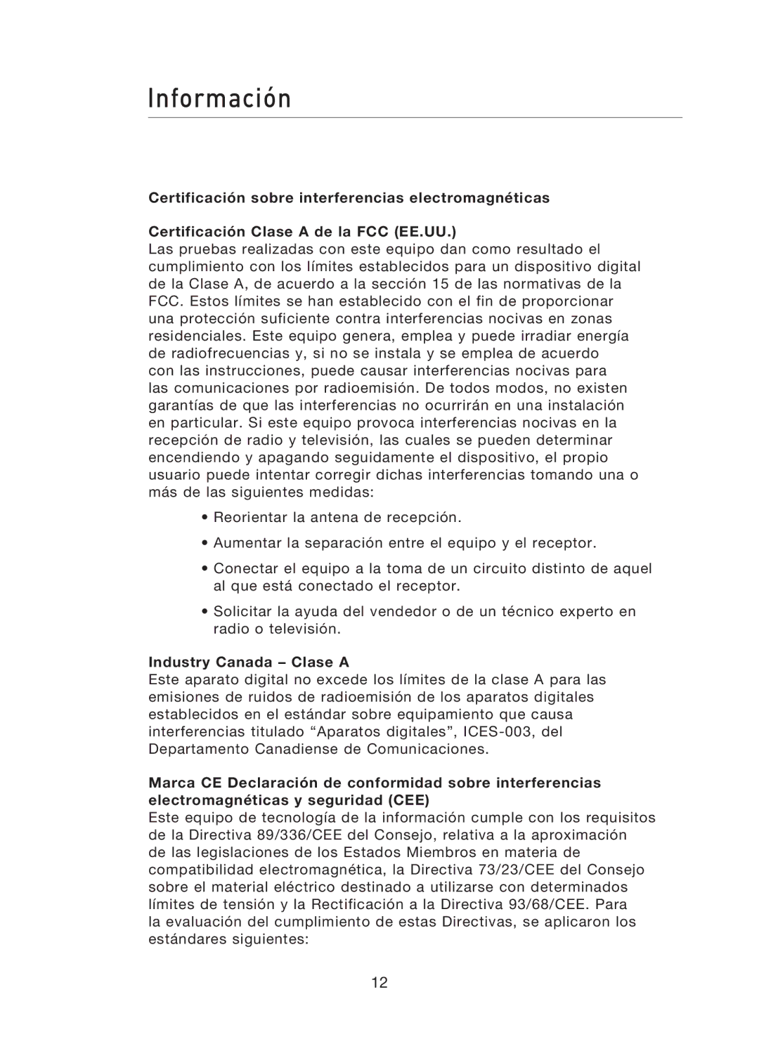 Belkin F5D5141uk16 user manual Información, Industry Canada Clase a 