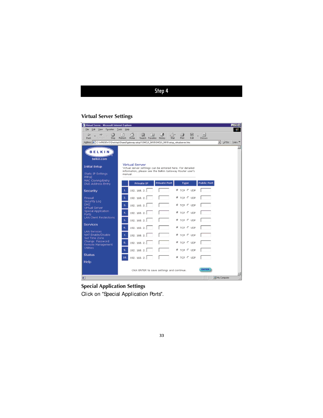 Belkin F5D5230-4 manual Virtual Server Settings Special Application Settings 