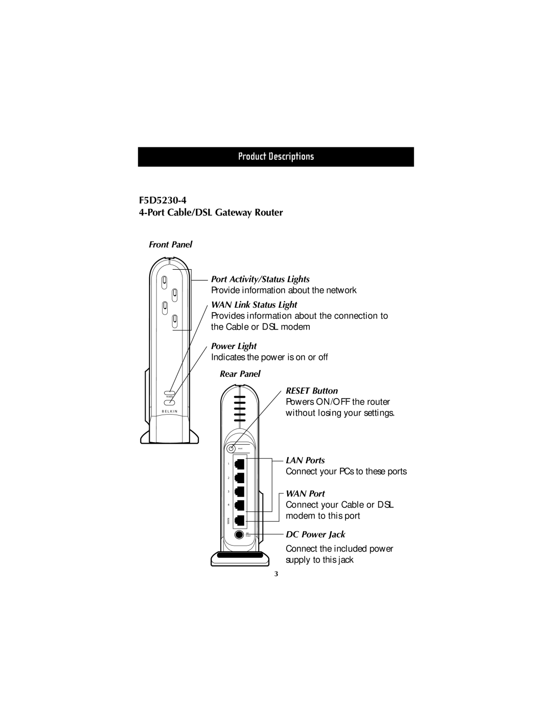 Belkin F5D5230-4 manual Product Descriptions 