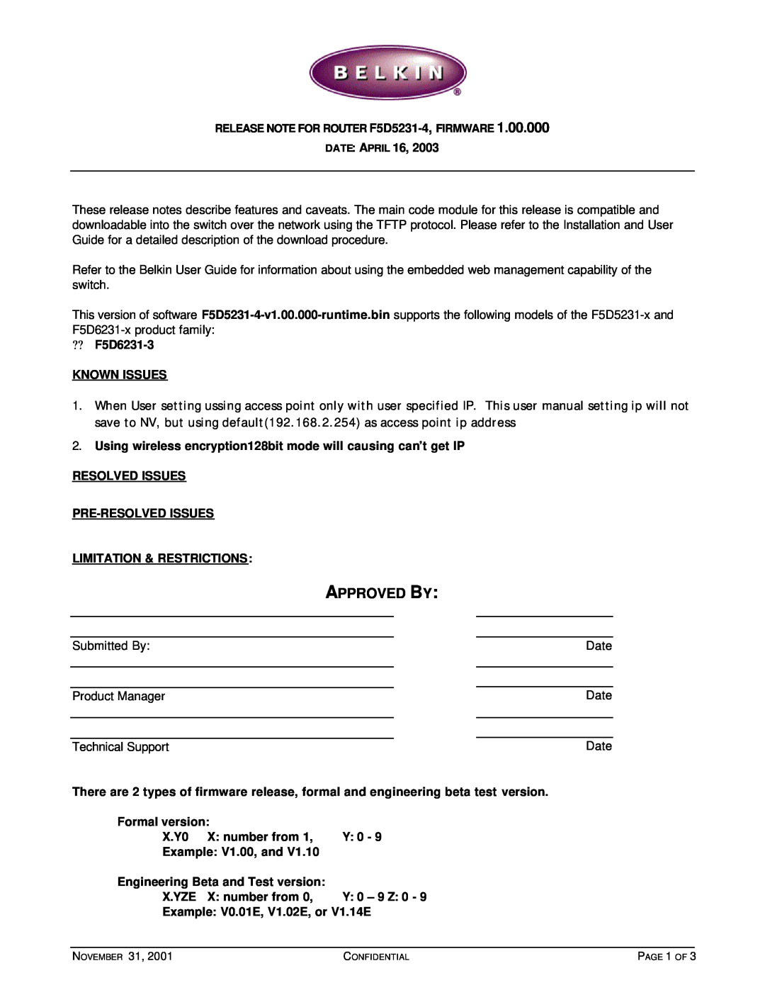 Belkin F5D5231-4 user manual Release Note, Approved By 