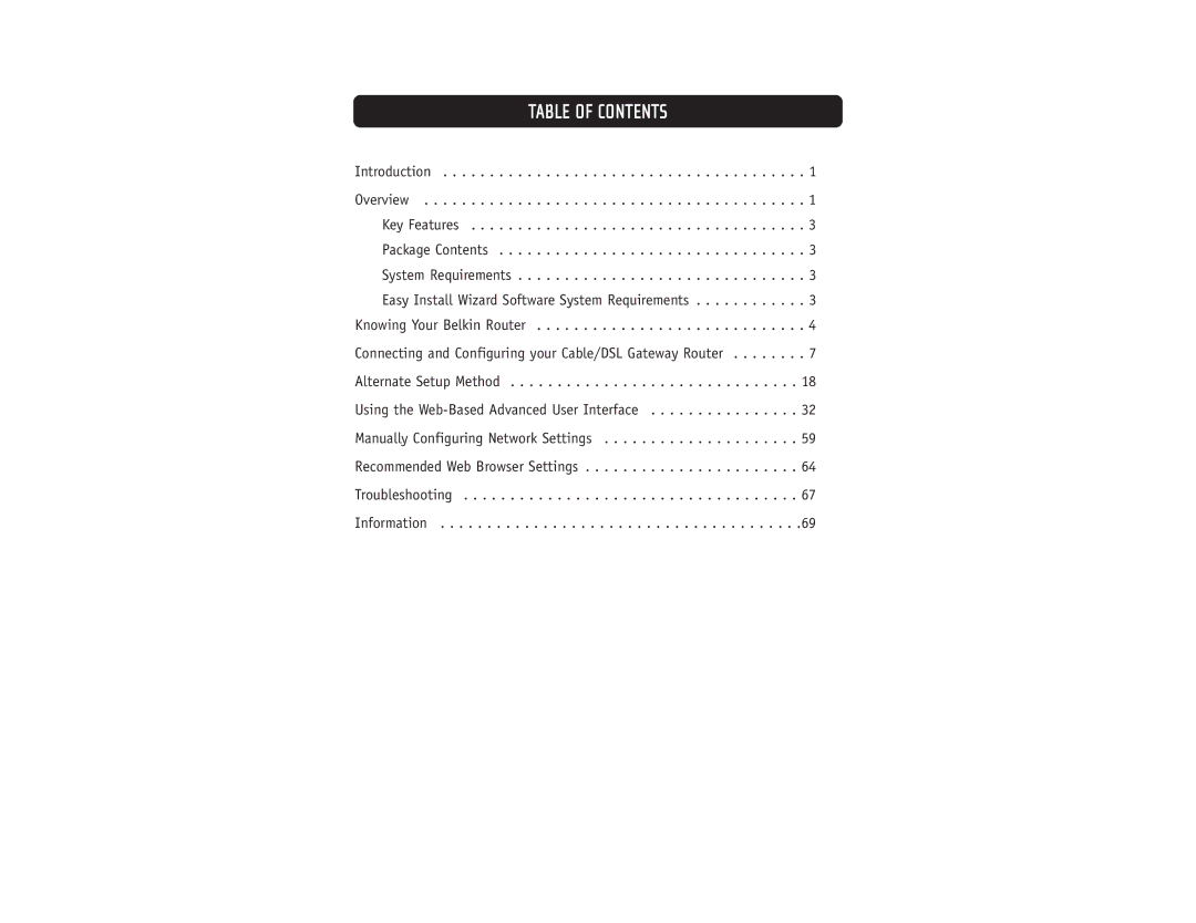 Belkin F5D5231-4 user manual Table of Contents 