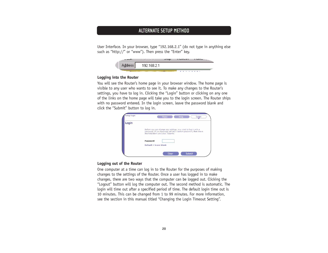 Belkin F5D5231-4 user manual Logging into the Router, Logging out of the Router 