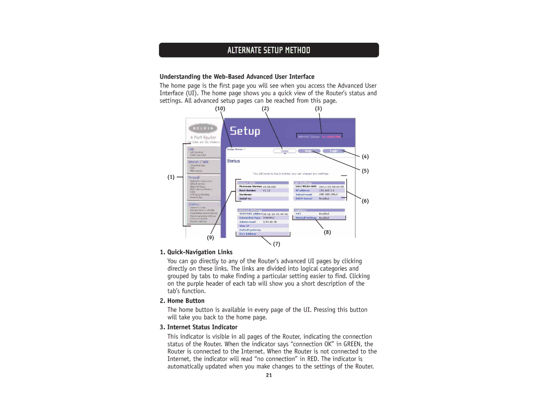 Belkin F5D5231-4 user manual Understanding the Web-Based Advanced User Interface, Quick-Navigation Links, Home Button 