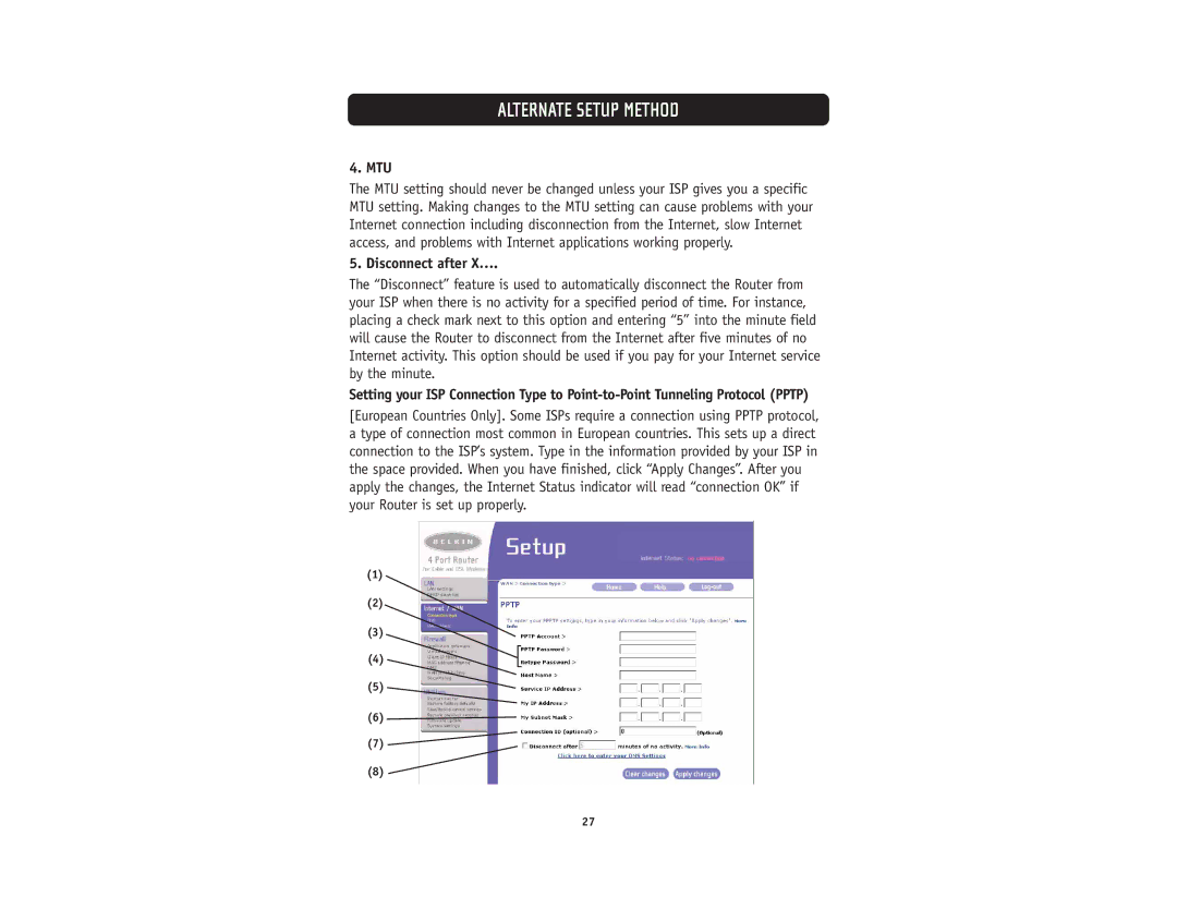 Belkin F5D5231-4 user manual Mtu, Disconnect after X… 