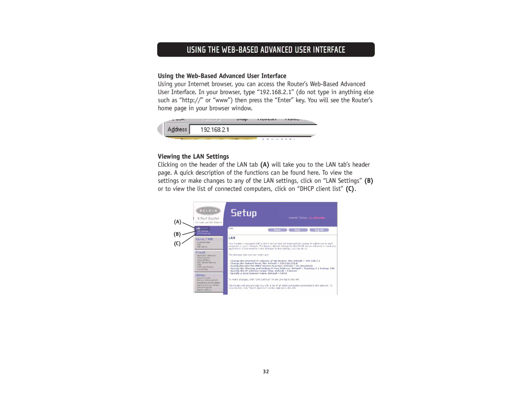 Belkin F5D5231-4 user manual Using the Web-Based Advanced User Interface, Viewing the LAN Settings 