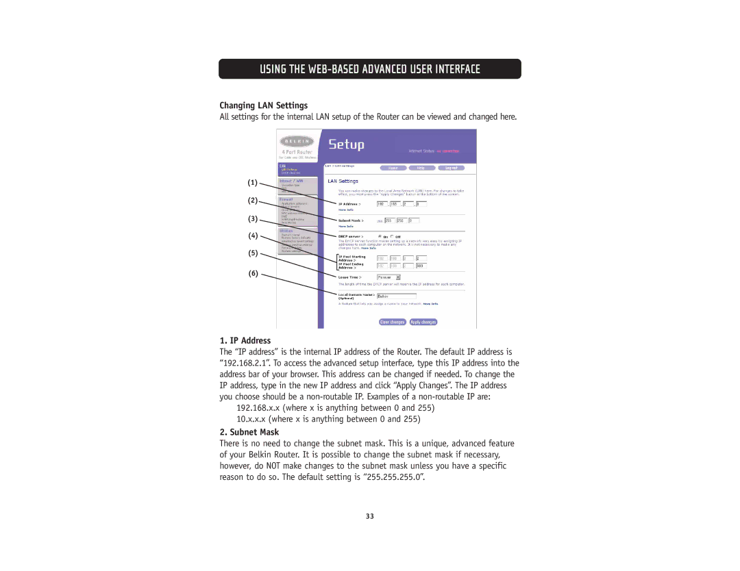 Belkin F5D5231-4 user manual Changing LAN Settings, IP Address 