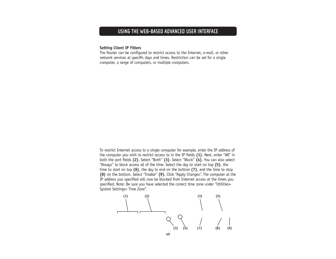 Belkin F5D5231-4 user manual Setting Client IP Filters 