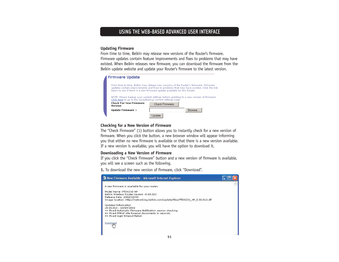 Belkin F5D5231-4 Updating Firmware, Checking for a New Version of Firmware, Downloading a New Version of Firmware 