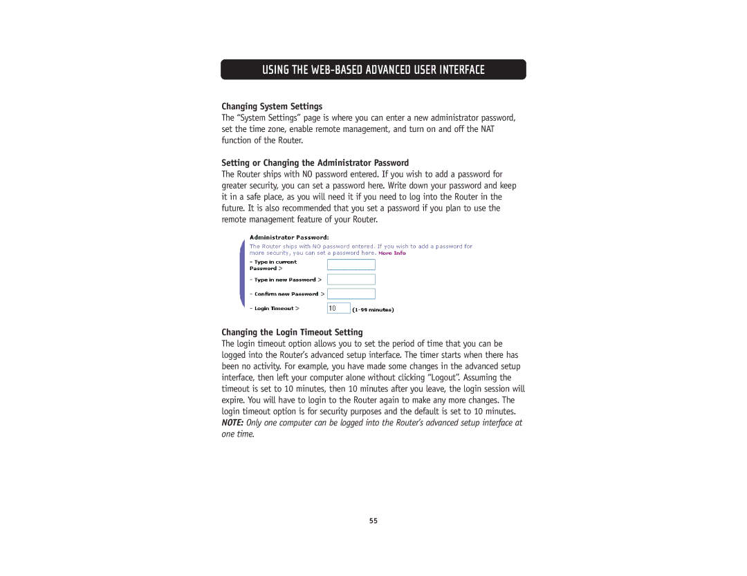 Belkin F5D5231-4 user manual Changing System Settings, Setting or Changing the Administrator Password 