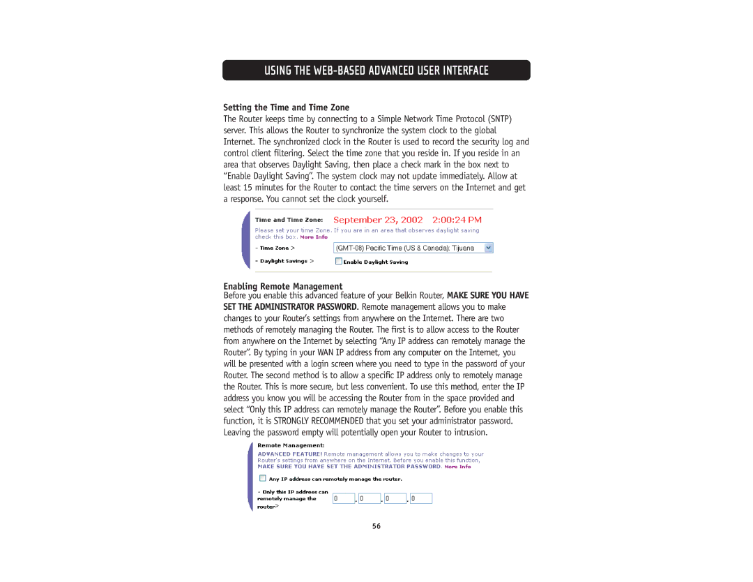 Belkin F5D5231-4 user manual Setting the Time and Time Zone, Enabling Remote Management 