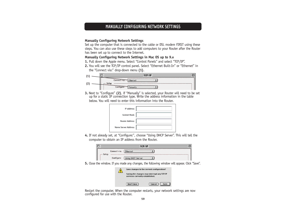 Belkin F5D5231-4 user manual Manually Configuring Network Settings in Mac OS up to 