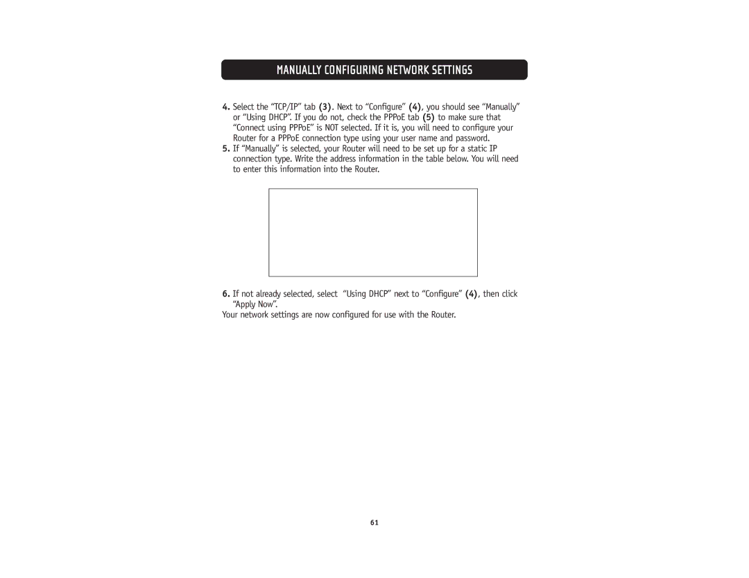 Belkin F5D5231-4 user manual Manually Configuring Network Settings 