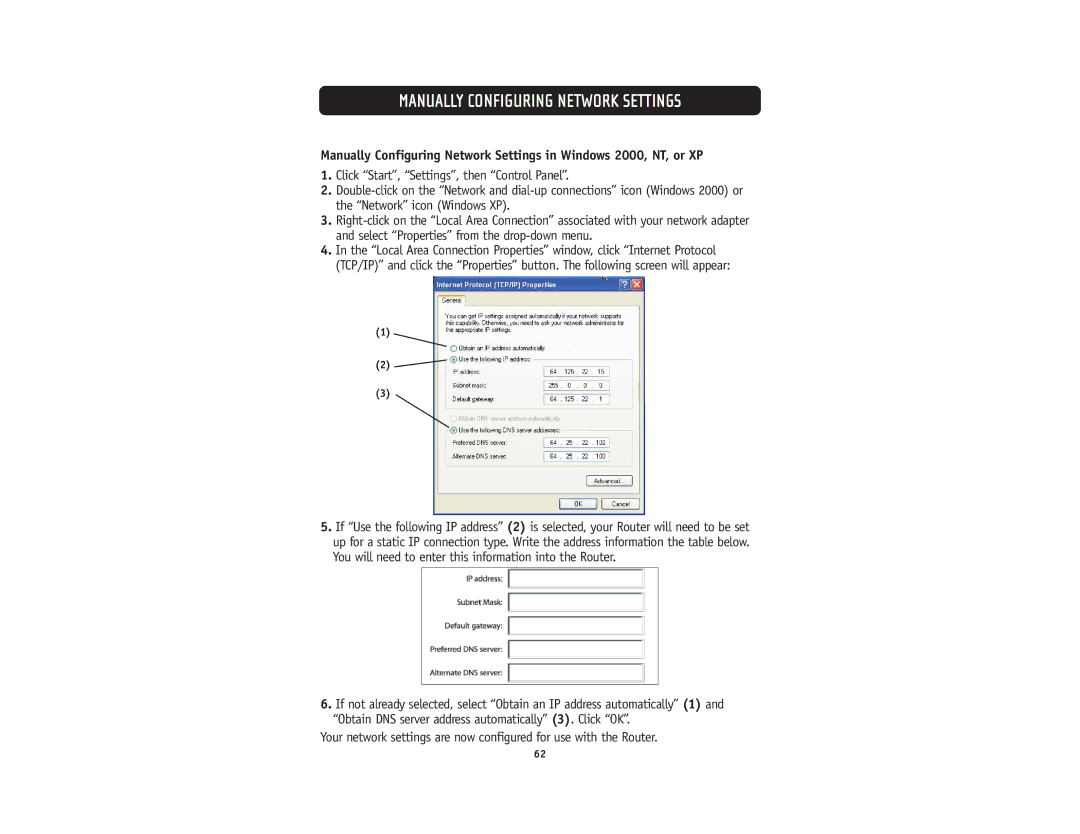 Belkin F5D5231-4 user manual Manually Configuring Network Settings 