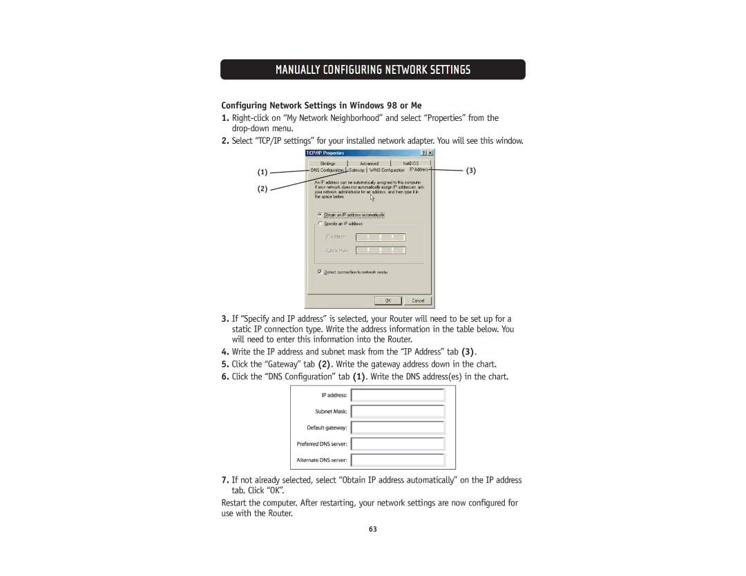 Belkin F5D5231-4 user manual Configuring Network Settings in Windows 98 or Me 