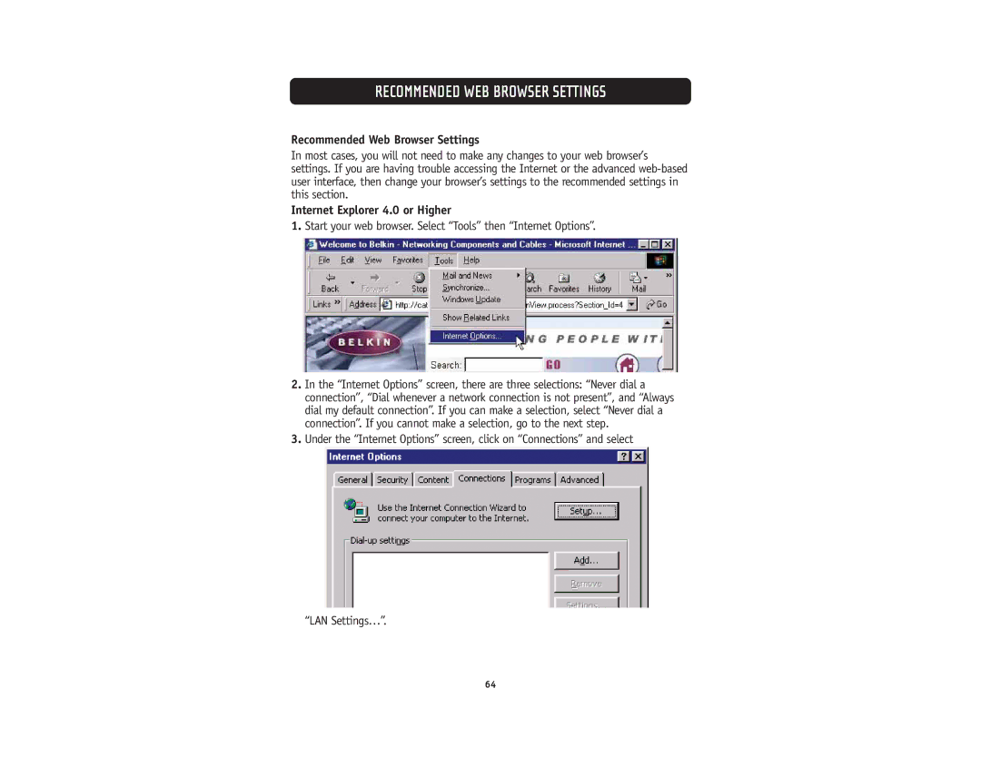 Belkin F5D5231-4 Recommended WEB Browser Settings, Recommended Web Browser Settings, Internet Explorer 4.0 or Higher 