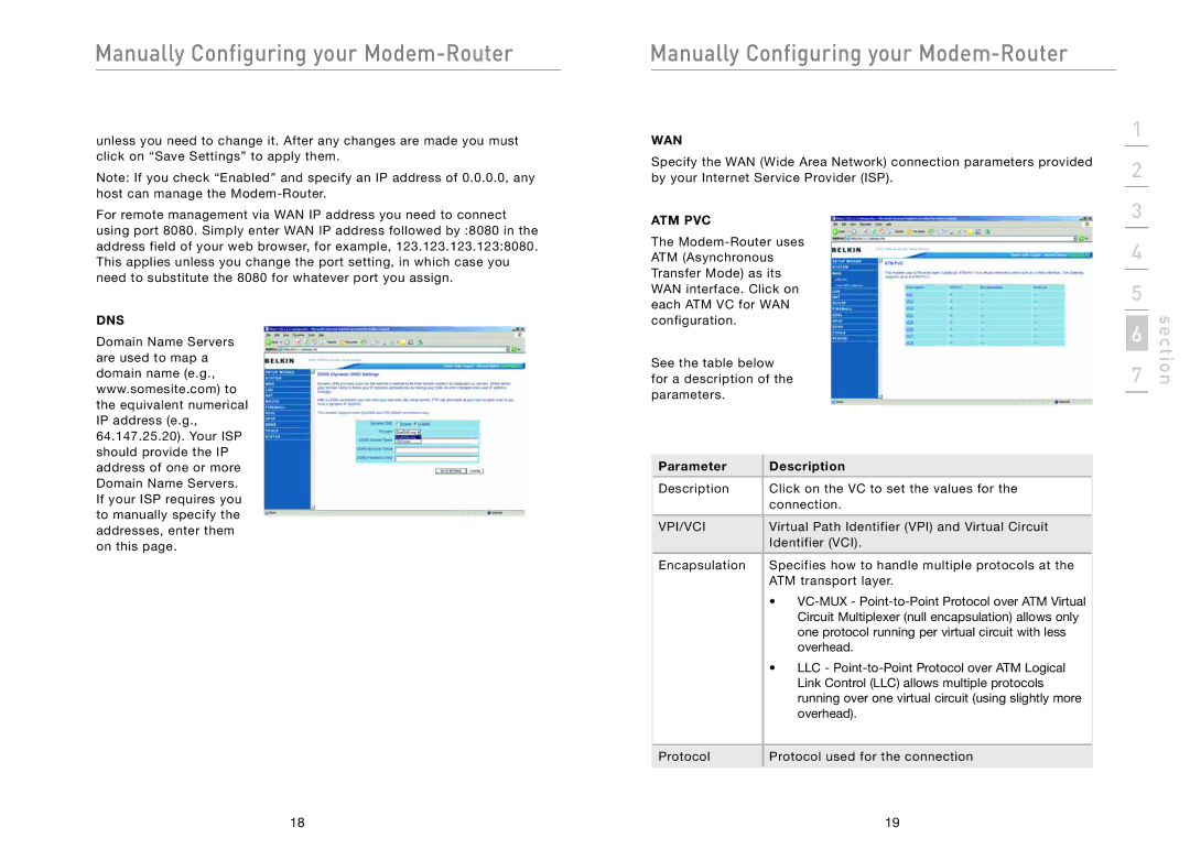 Belkin F5D5630AU user manual Dns, Wan, Atm Pvc, Vpi/Vci 