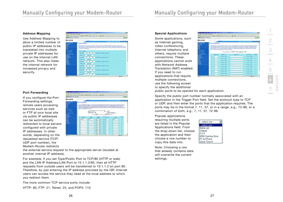 Belkin F5D5630AU user manual Address Mapping, Port Forwarding, Special Applications 