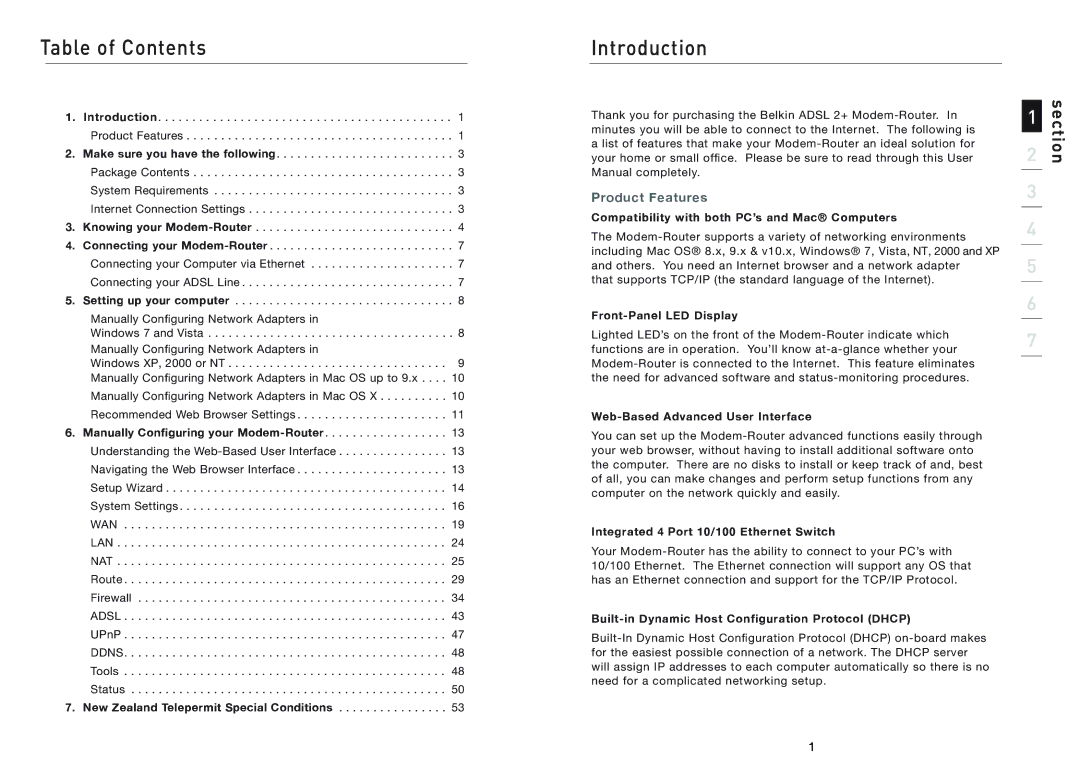 Belkin F5D5630AU user manual Table of Contents 