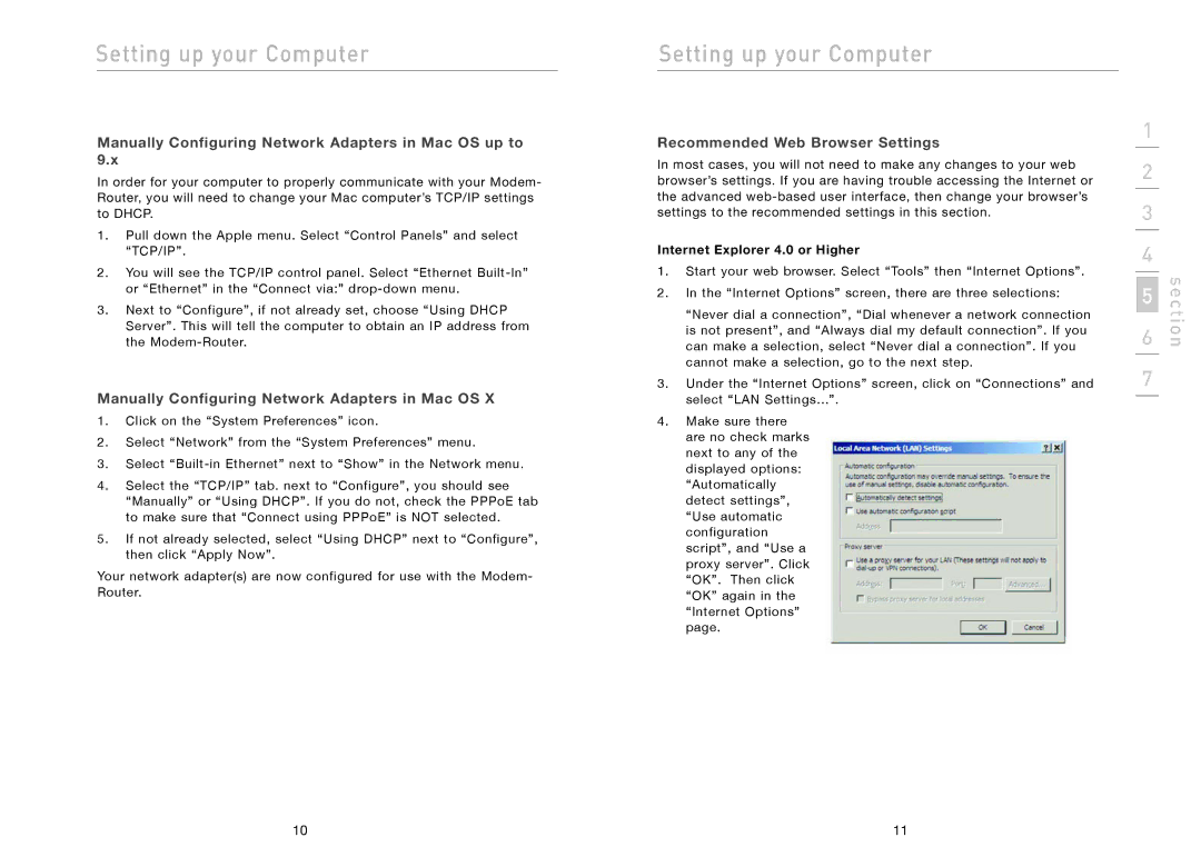 Belkin F5D5630AU user manual Manually Configuring Network Adapters in Mac OS up to, Recommended Web Browser Settings 