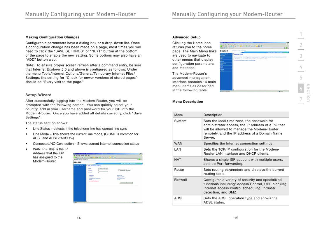 Belkin F5D5630AU user manual Setup Wizard, Making Configuration Changes, Menu Description 