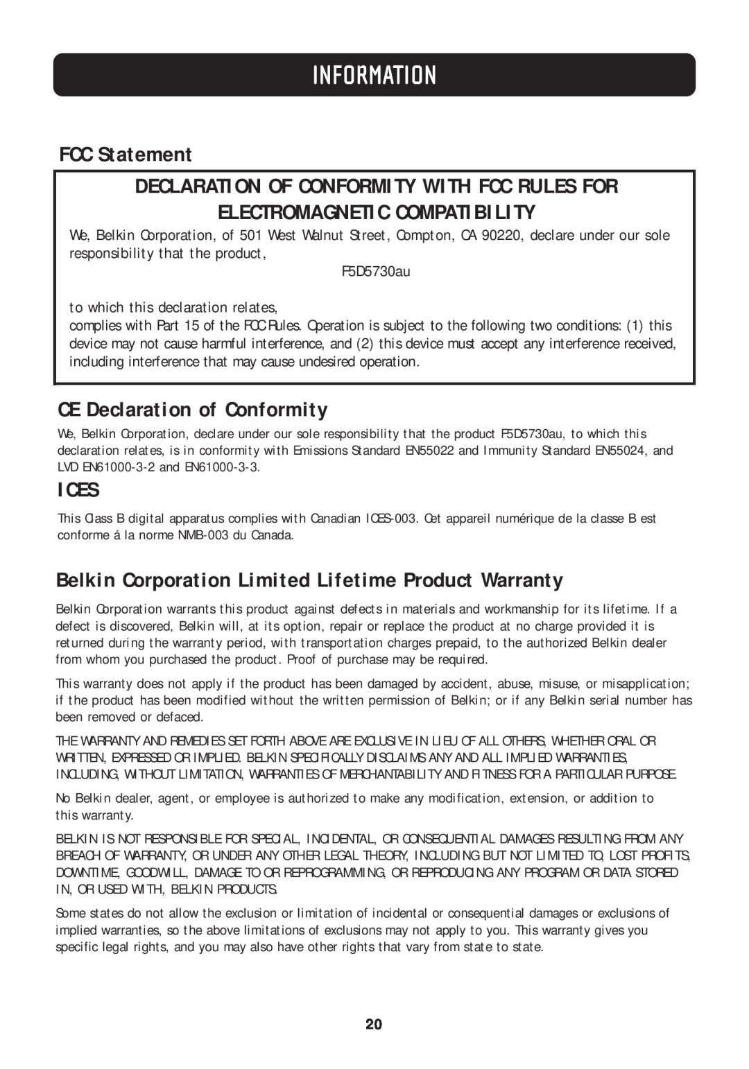 Belkin F5D5730au Information, FCC Statement DECLARATION OF CONFORMITY WITH FCC RULES FOR, Electromagnetic Compatibility 