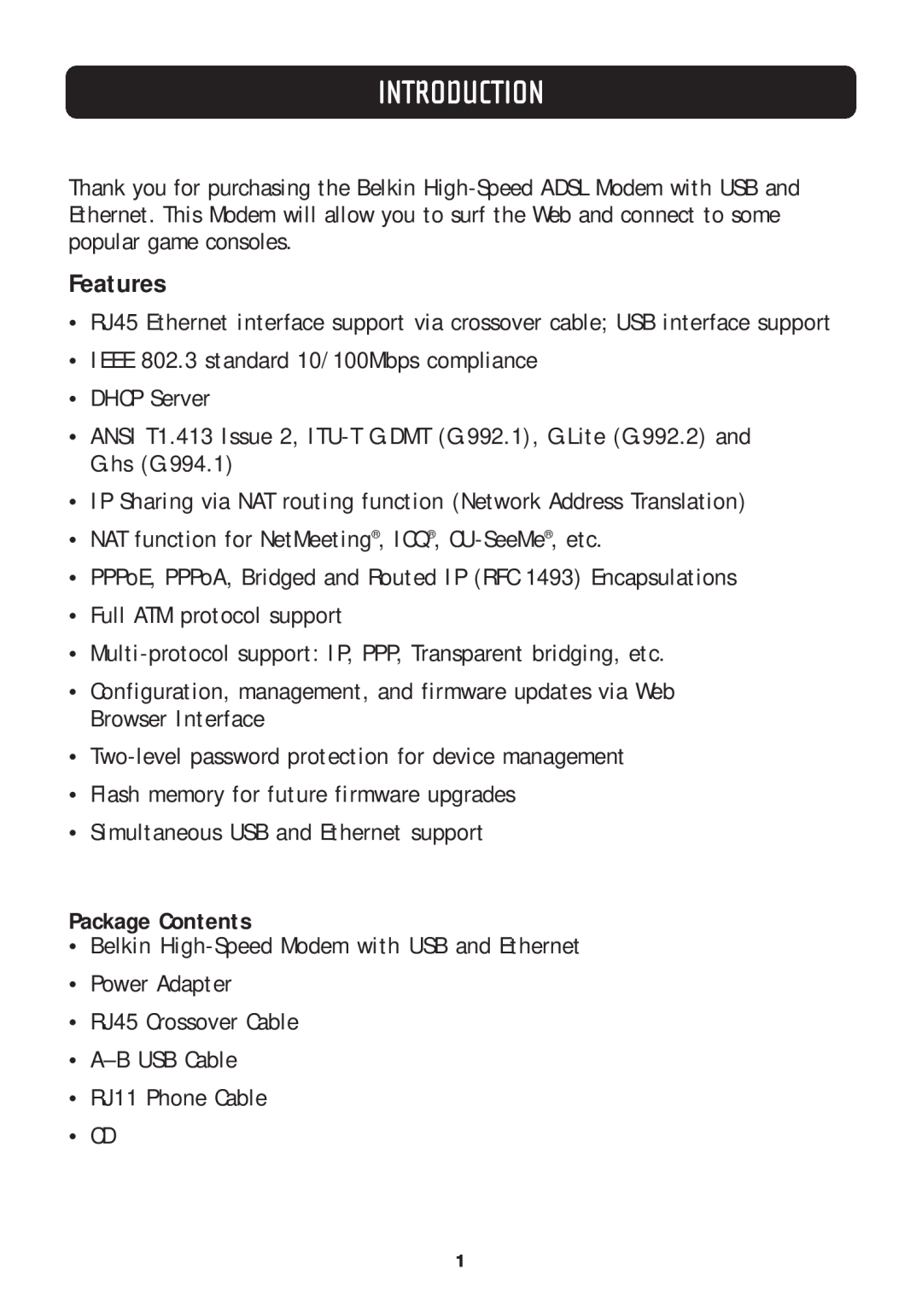 Belkin F5D5730au manual Introduction, Features, Package Contents 