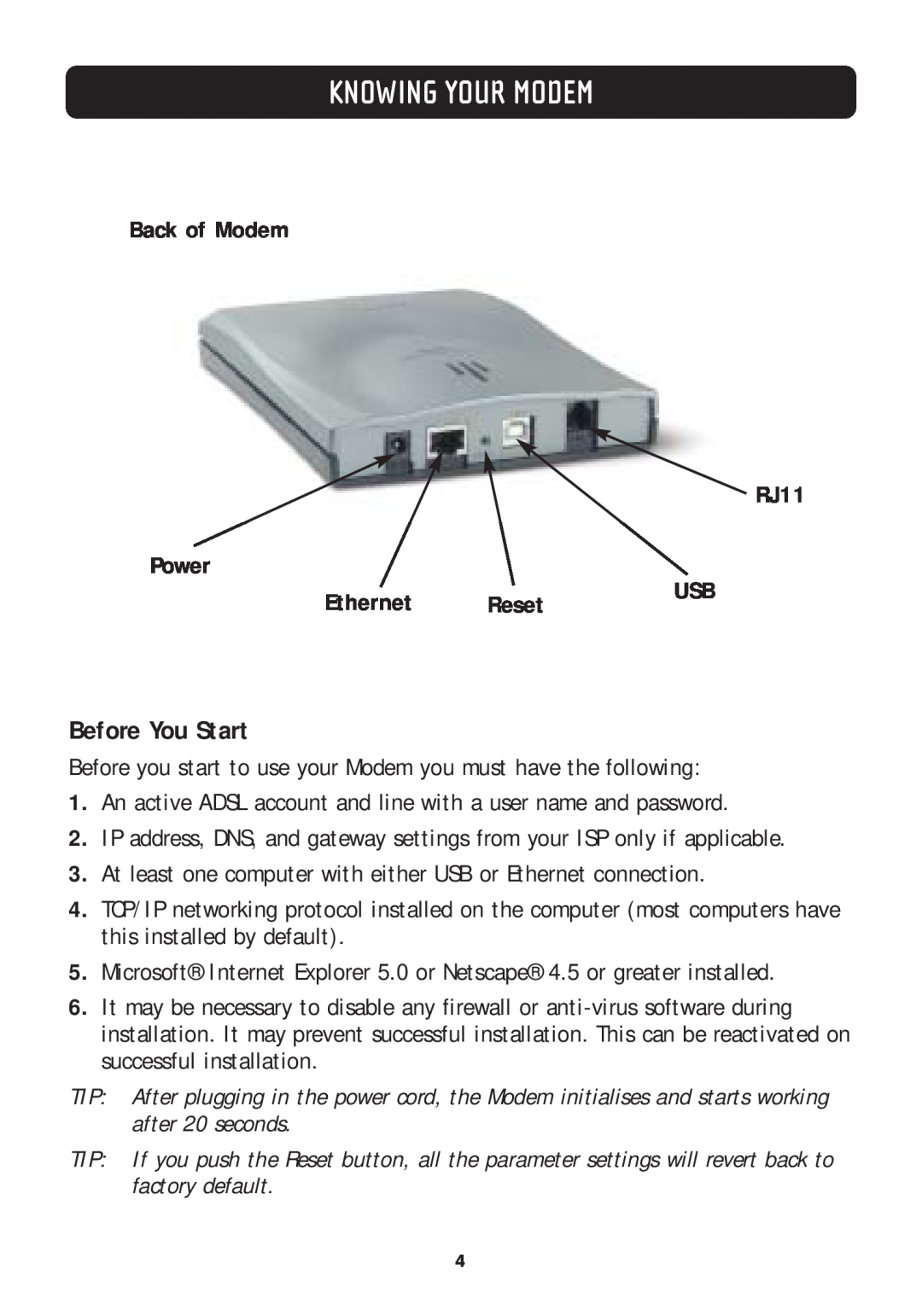 Belkin F5D5730au manual Before You Start, Back of Modem RJ11 Power, Ethernet, Reset, Knowing Your Modem 