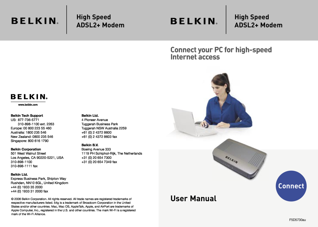 Belkin F5D5730au user manual Belkin Tech Support, Belkin B.V, Belkin Corporation, Connect, High Speed, ADSL2+ Modem 