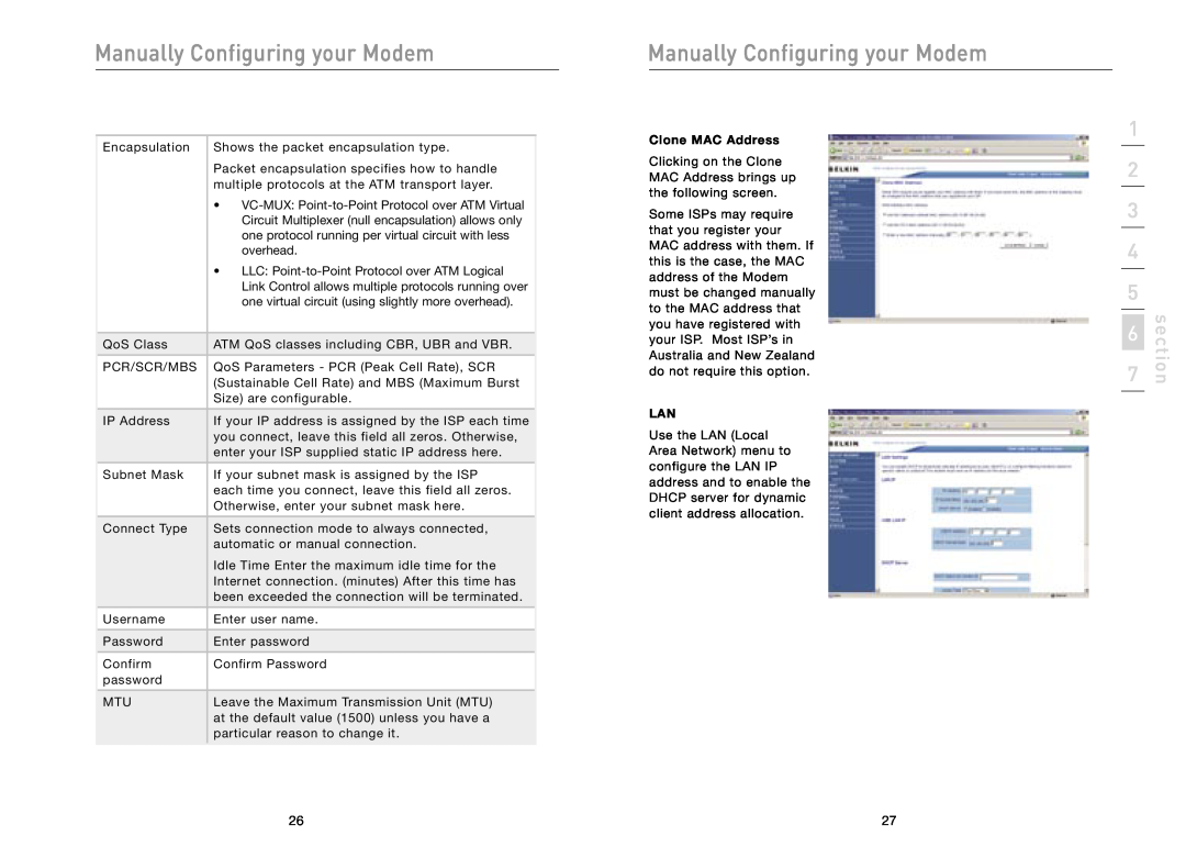 Belkin F5D5730au user manual Clone MAC Address, Manually Configuring your Modem, section 