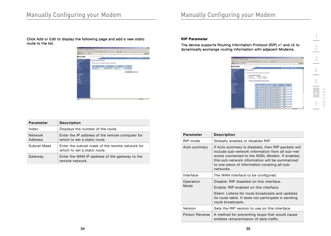 Belkin F5D5730au user manual RIP Parameter, Manually Configuring your Modem, section, Description 