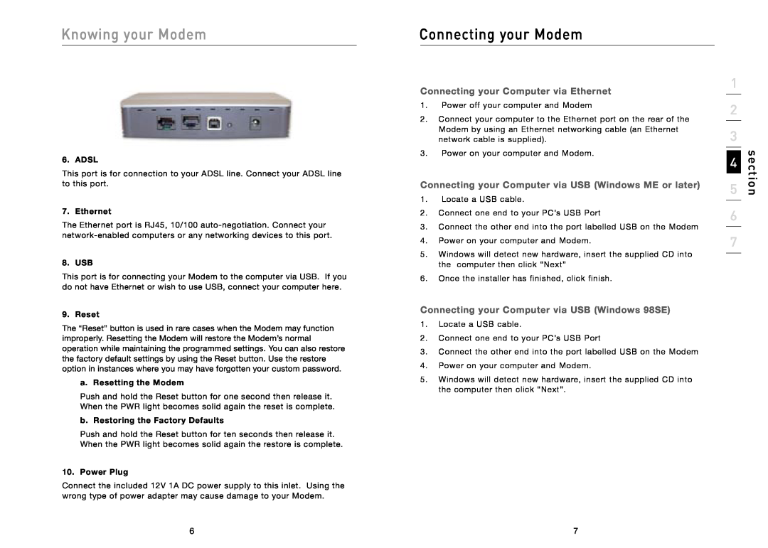 Belkin F5D5730au Knowing your Modem, Connecting your Modem, Connecting your Computer via Ethernet, Adsl, Usb, Reset 