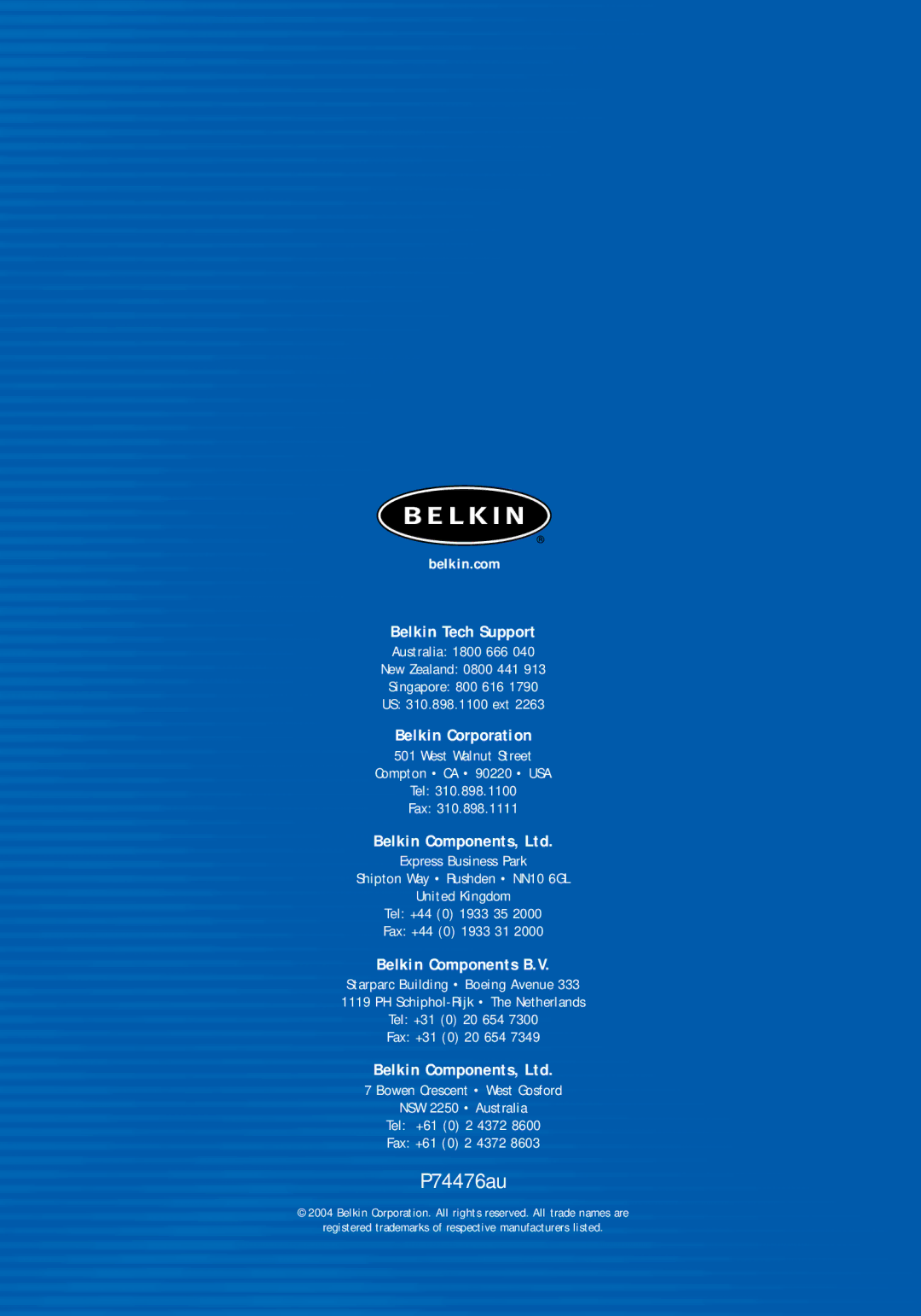 Belkin F5D5730au manual P74476au 