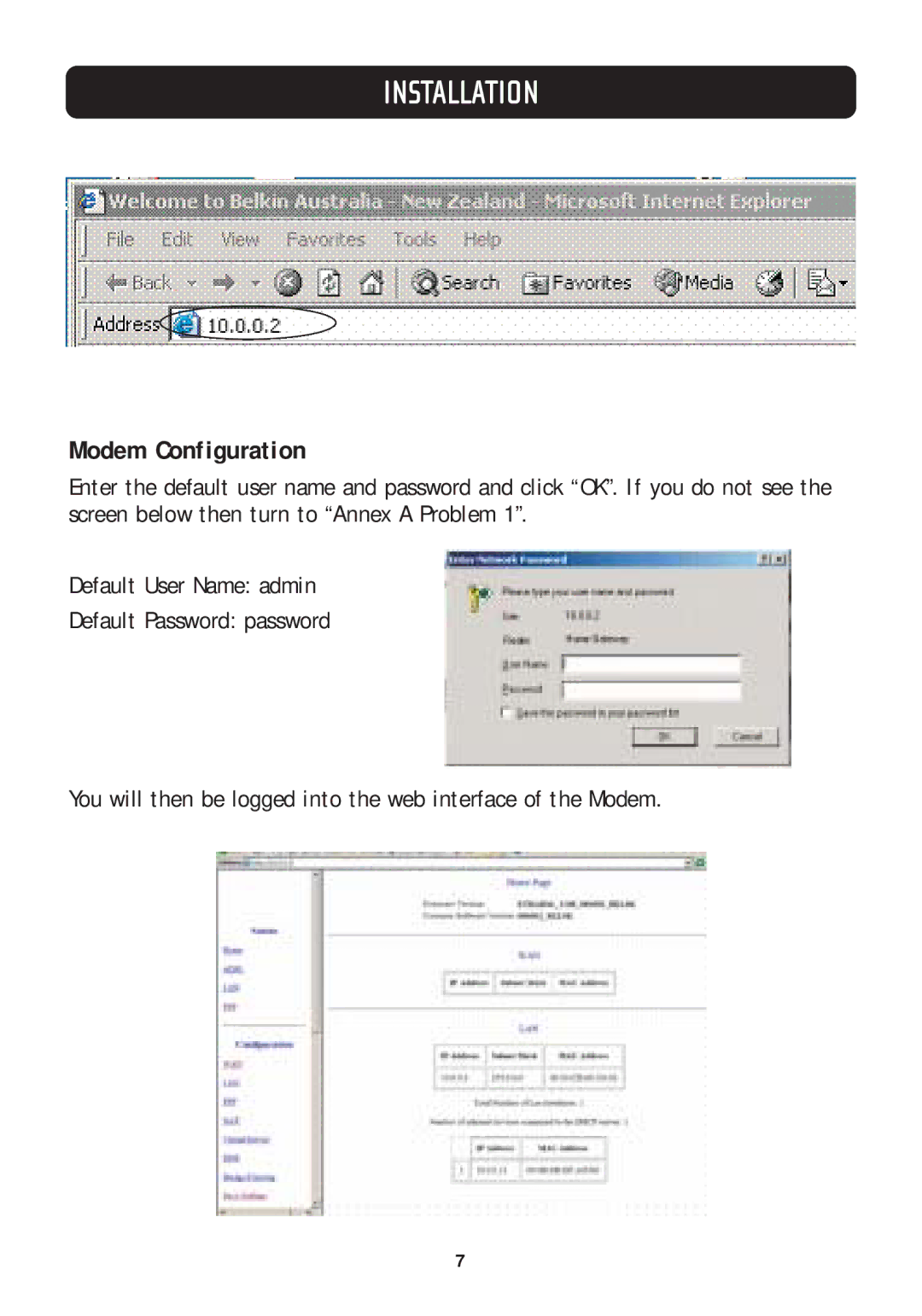 Belkin F5D5730au manual Modem Configuration 